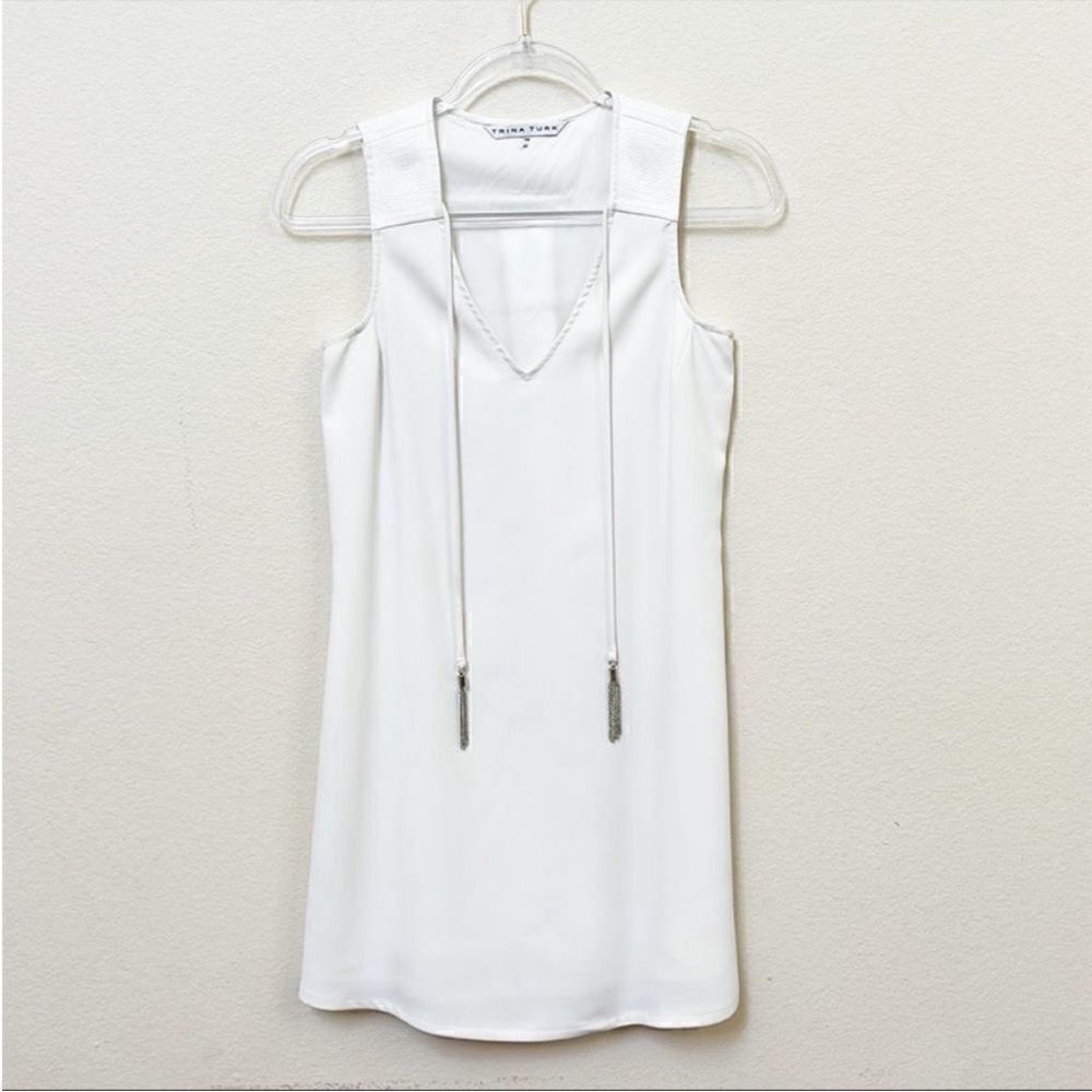 Trina Turk White V Neck Metal Tassel Shift Dress